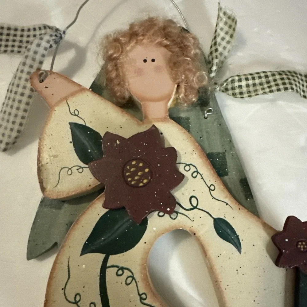 Wooden Angel Hanging Plaque Country Wall Art Decoration 14x7 Primitive